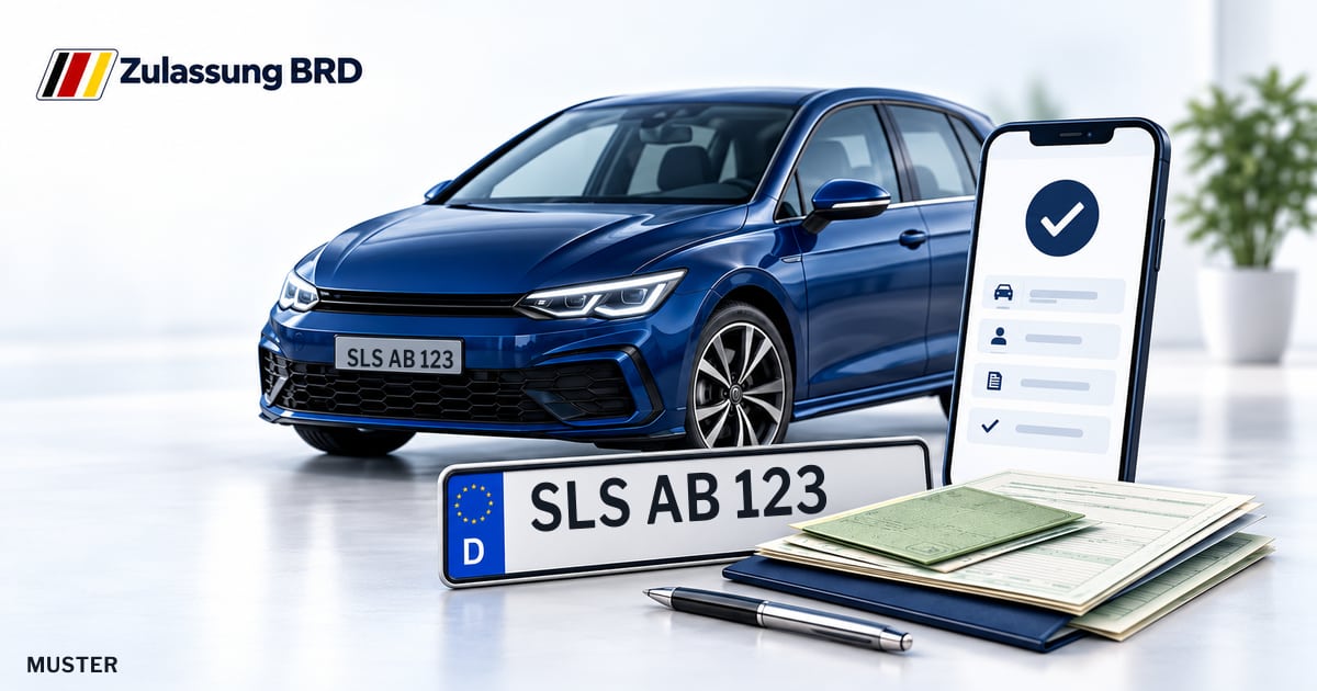 Online Fahrzeugzulassung in Rehlingen-Siersburg: Musterkennzeichen SLS AB 123, Auto und Fahrzeugpapiere und Smartphone. Illustration mit Logo von Zulassung BRD.